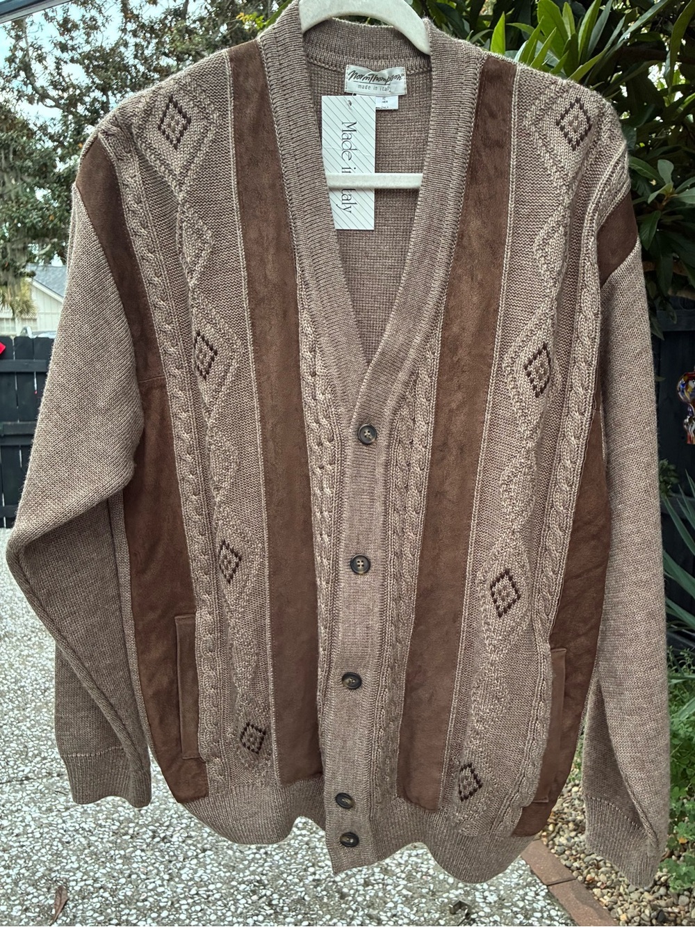 NWT Vintage Norm Thompson Suede Panel Cable Knit Cardigan Made in Italy